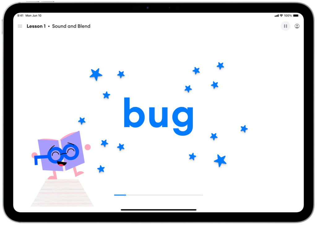 A screenshot of the celebration screen in Bloom when a student spells a word with confetti and a dancing book