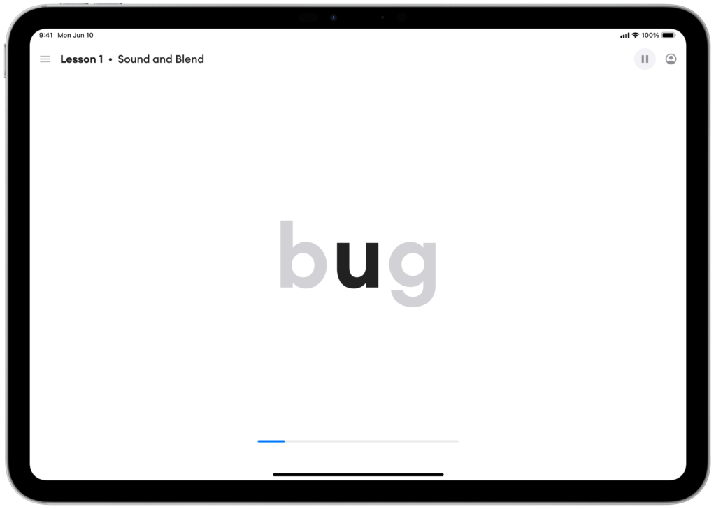 A screenshot of the word "bug" in Bloom with cues to sound it out
